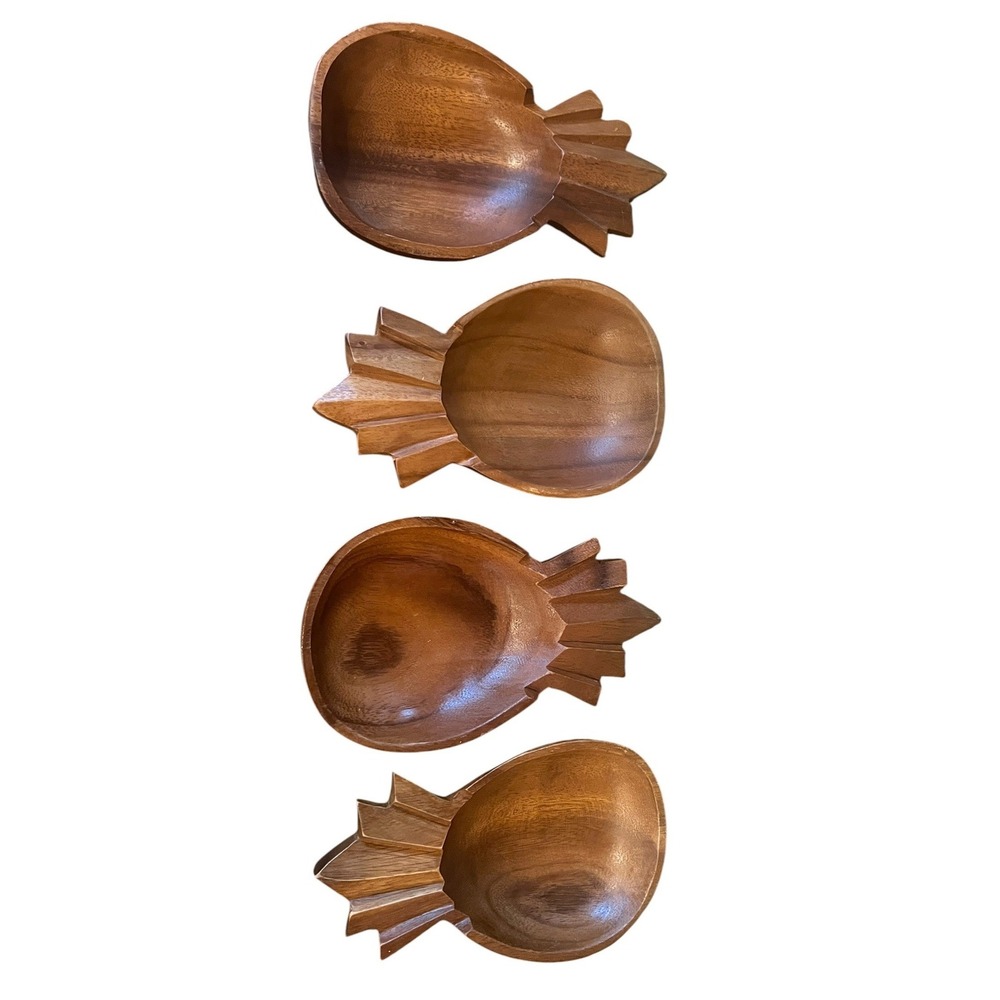 Vintage Handcrafted Monkey Pod Wood Pineapple Salad Set 7pc Philippines Tiki - Picture 2 of 12